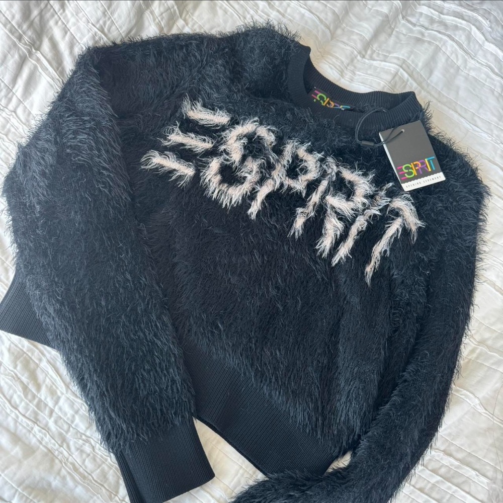 Esprit x Opening Ceremony Sweater Black Fuzzy Logo Cropped Neutral Pullover Knit